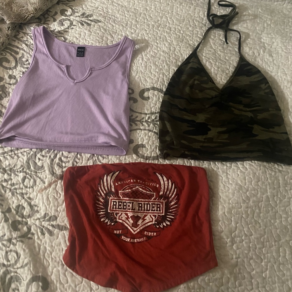 SHEIN Purple, Camouflage, and Red Crop Tops